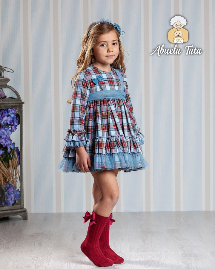 Abuela Tata Blue Tartan Puffball Dress With Big Bow On The Back - 2599329