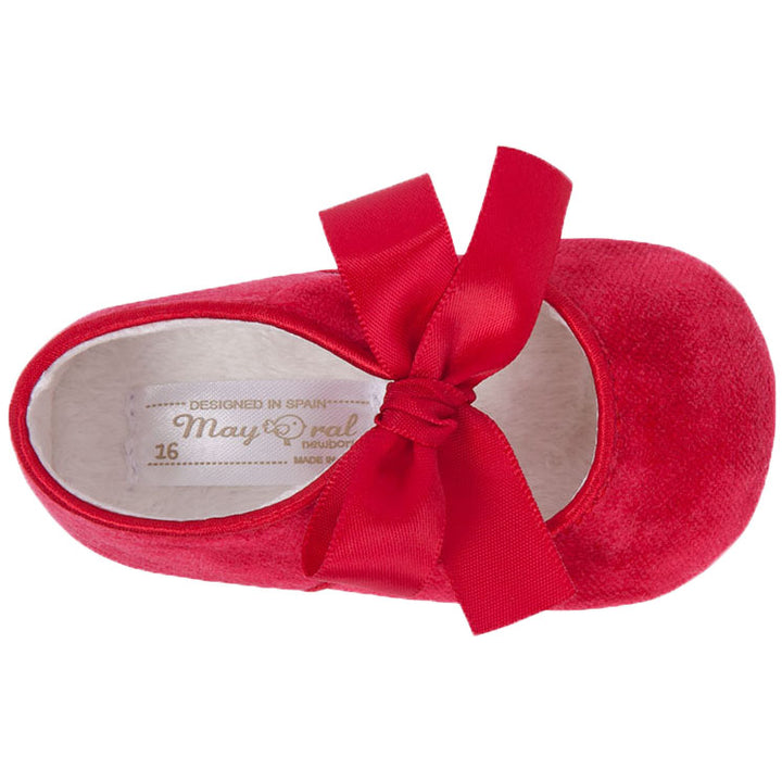 Mayoral Red Mary Jane prams shoes with red tie satin bow. -9364