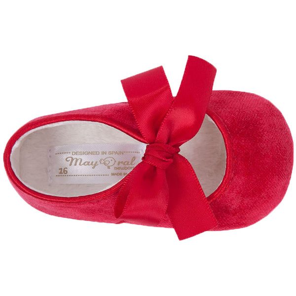 Mayoral Red Mary Jane prams shoes with red tie satin bow.