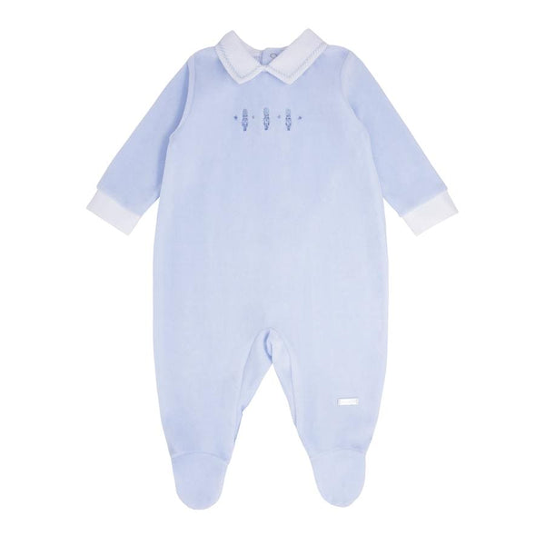 Blues Baby Velour sleeper soldier embroidery detail Babygrow - BB0175