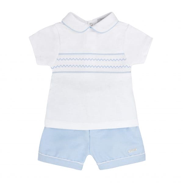 Blues Baby White & Baby Blue Smocked Detail Shorts & T-Shirt Set - BB0306