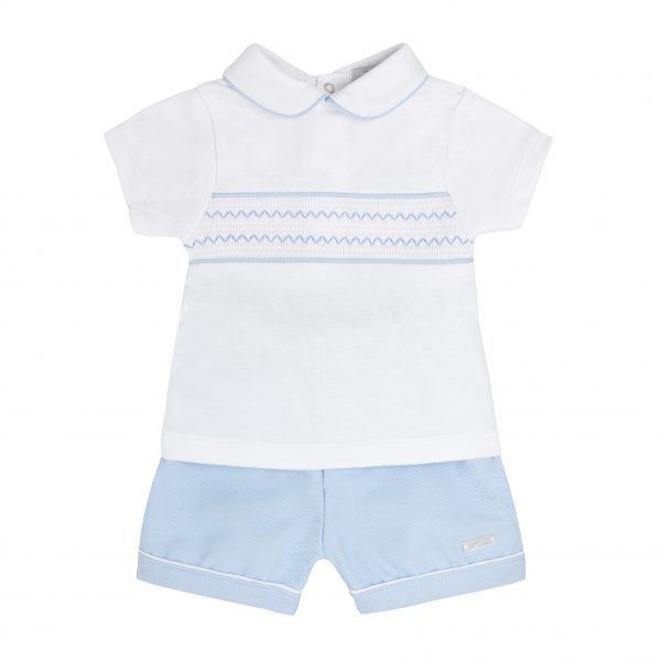 Blues Baby White & Baby Blue Smocked Detail Shorts & T-Shirt Set - BB0306