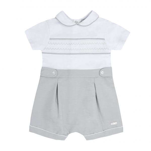 Blues Baby White & Grey Smocked Romper - BB0309