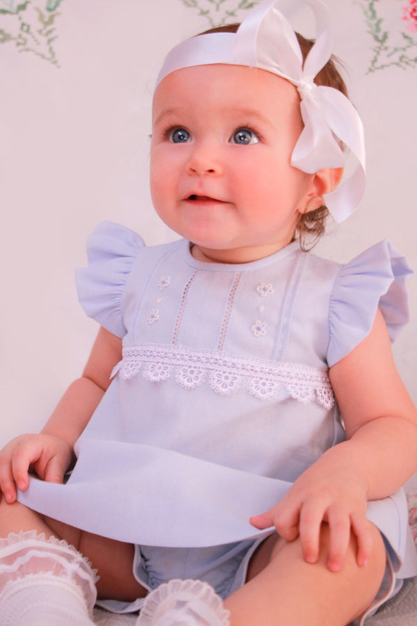 Pretty Originals Baby Girls Blue Dress, Pants & Bonnet Set With Lace Trim - BD01890