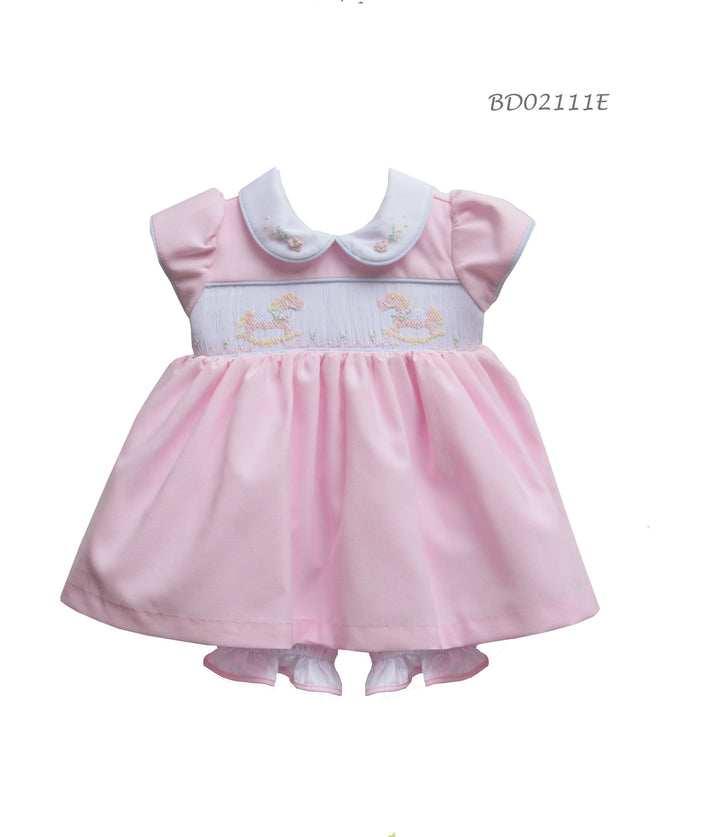 Pretty Originals Pink & White Smocked Rocking Horse Dress & Bloomers Set - BD02111