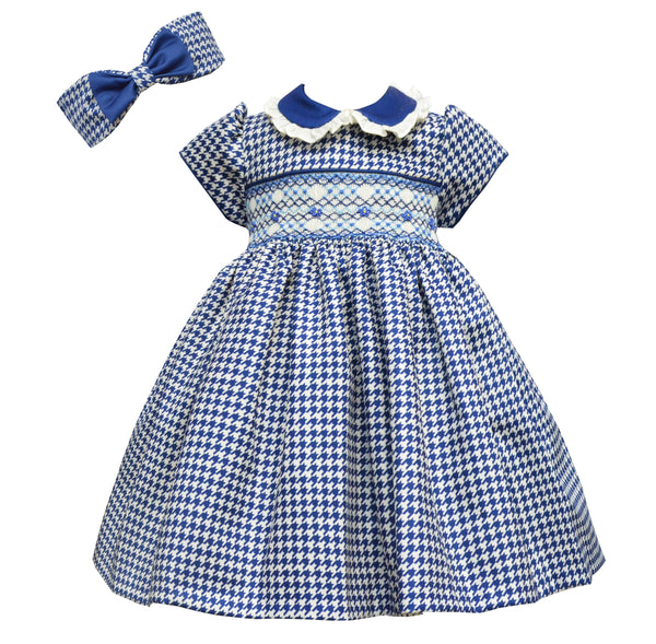 Pretty Originals *Navy Dog Tooth Hand Smocked Dress & Matching Headband - BD02127