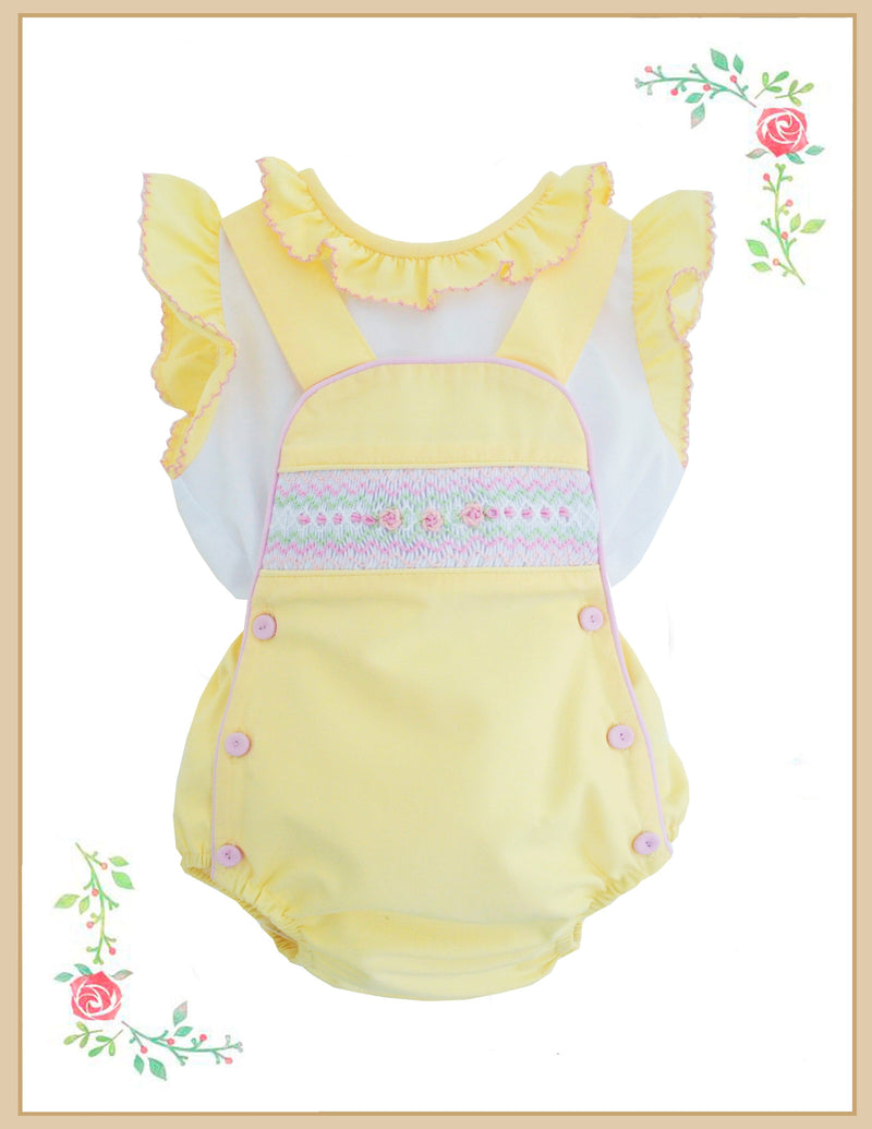 Pretty Originals *Hand Smocked Lemon, Pink & White Romper & Blouse Set - BD02166