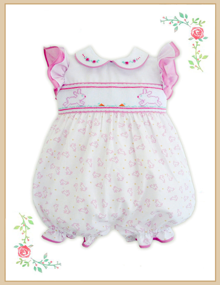 Pretty Originals Pink & White Embroidered Bunny Rabbit Romper - BD02176