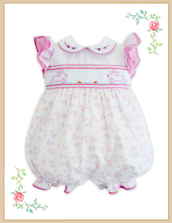 Pretty Originals Pink & White Embroidered Bunny Rabbit Romper - BD02176