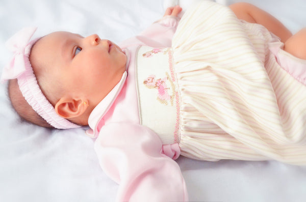 Pretty Originals *Pink & Wheat Smocked Dress, Bloomers & Headband Set With Embroidered Rocking Horses - BD12139