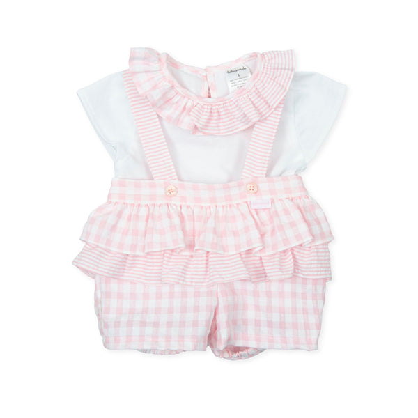 TUTTO PICCOLO BABY GIRLS PINK & WHITE RUFFLE DUNGAREE SET 1582