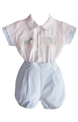 Pretty Originals Blue & White Smocked Boys Outfit With Rocking Horse Design - DL62044
