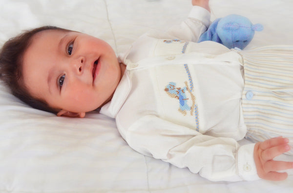 Pretty Originals Pale Blue & Wheat Smocked Outfit With Rocking Horse - DL62139