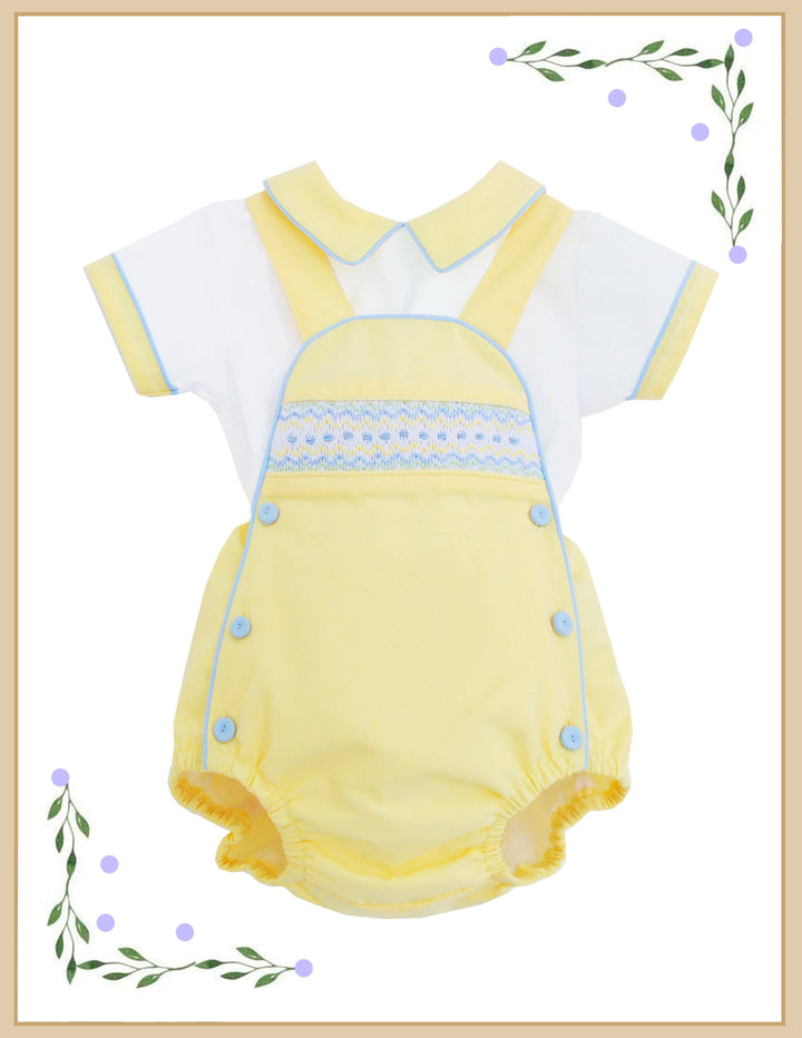 Pretty Originals *Hand Smocked Lemon, Blue & White Romper & Shirt Set - DL62166