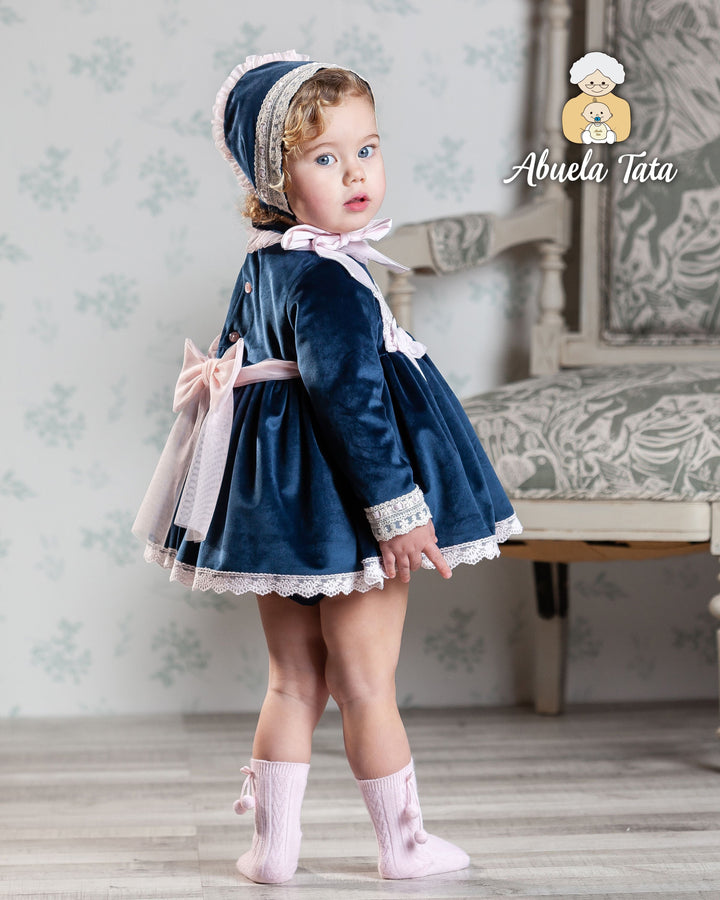 Abuela Tata Navy Blue Velvet Dress Pants & Bonnet Set With Pink Bows - 1203332