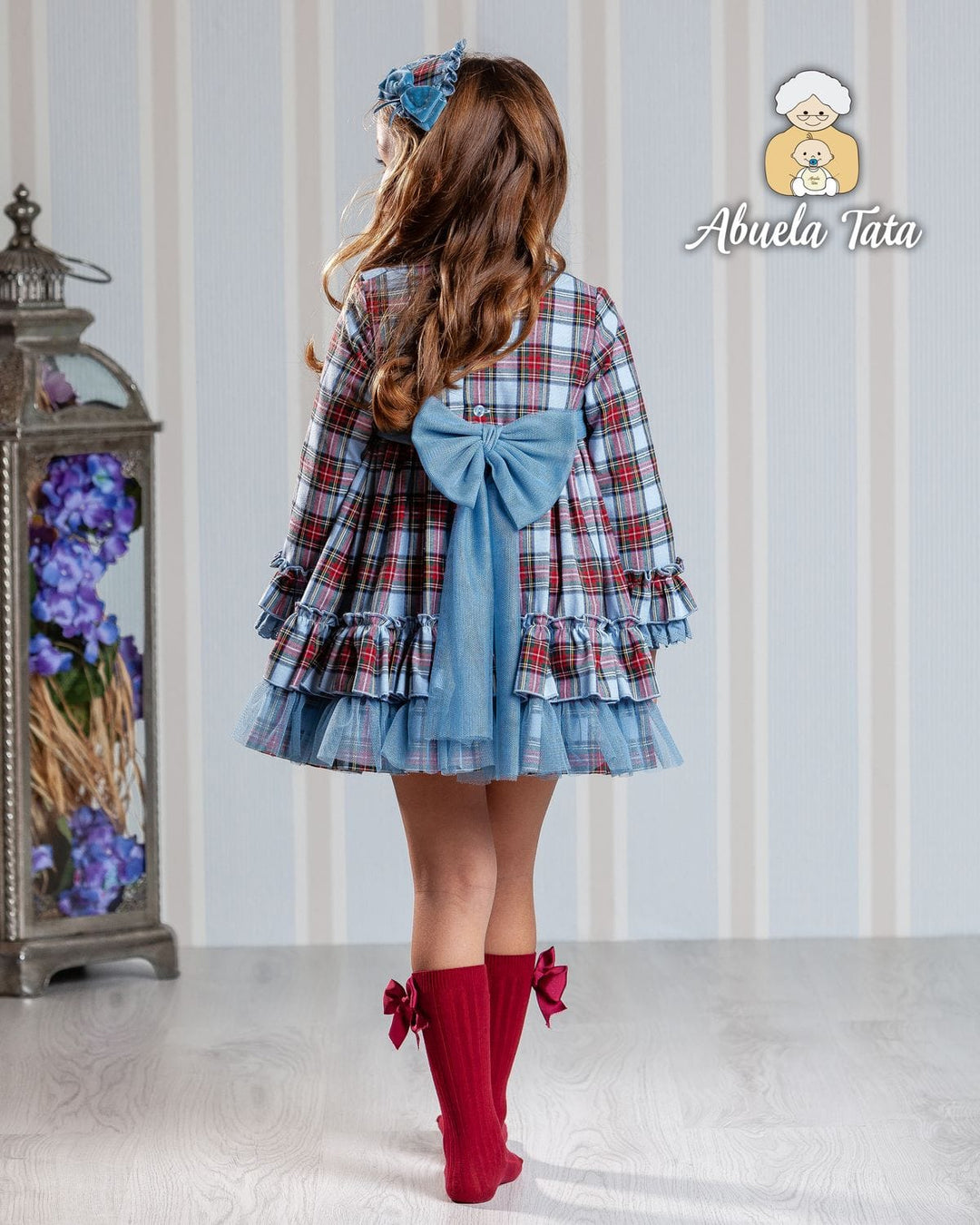 Abuela Tata Blue Tartan Puffball Dress With Big Bow On The Back - 2599329