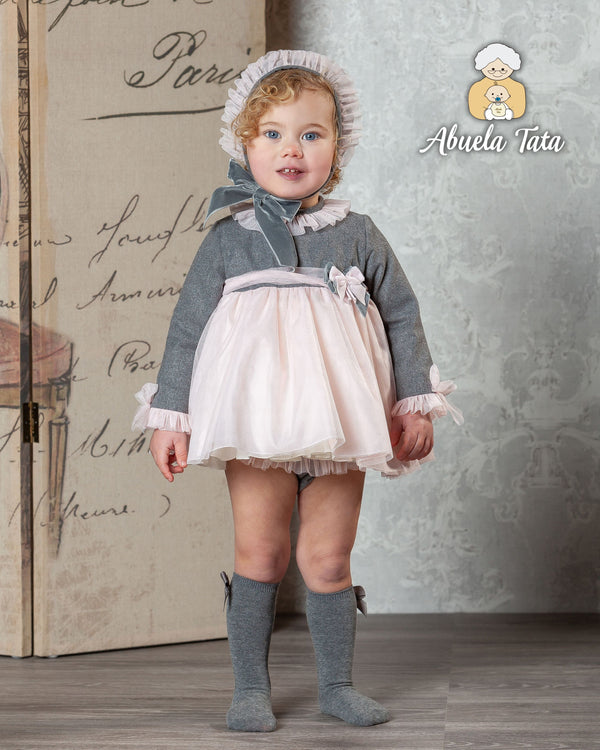 Abuela Tata Grey & Pink Dress Pants & Bonnet Set With Tulle & Bow On The Back - 1299326