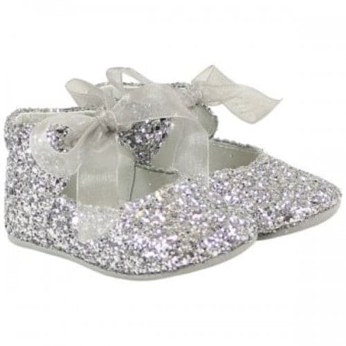 Pretty Originals Silver Glitter Pre-Walker Shoes With Organza Ribbon Tie For Fastening.