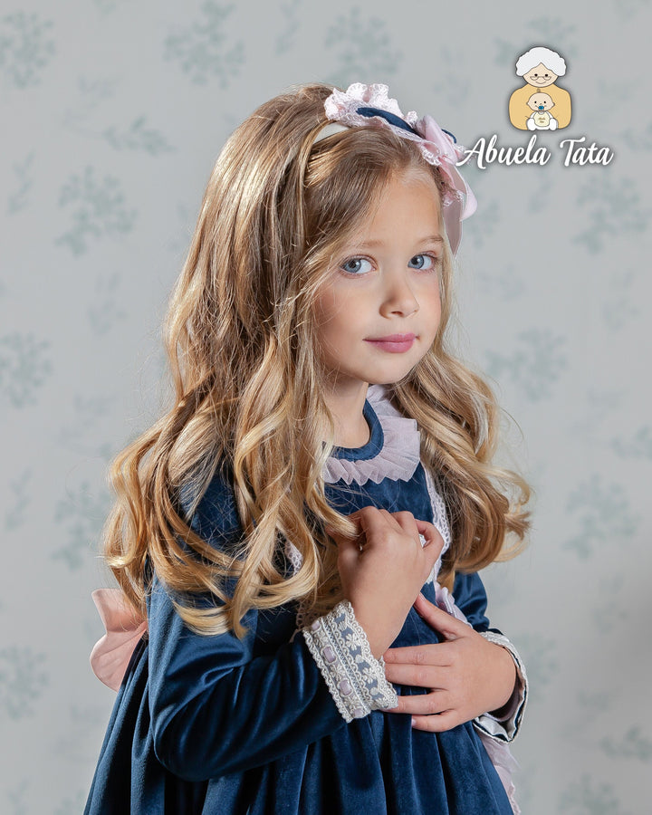 Abuela Tata Navy Blue Velvet Dress With Pink Bows - 2503332