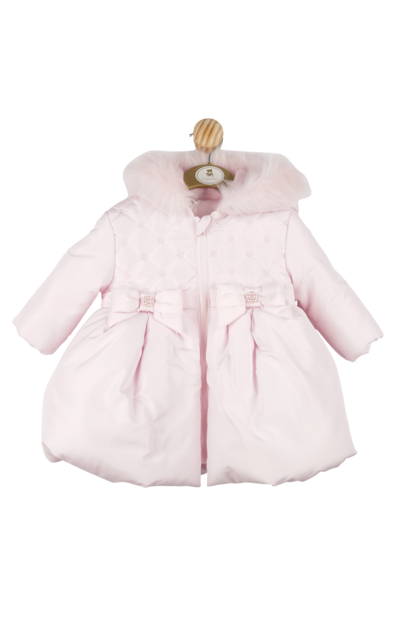 Mintini Pink Coat With Bows & Faux Fur Hood  - MB4459