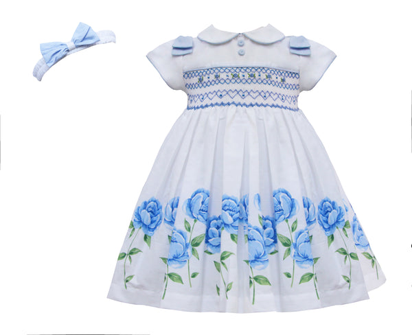 Pretty Originals White & Blue Floral Hand Smocked Dress & Headband - MC01308