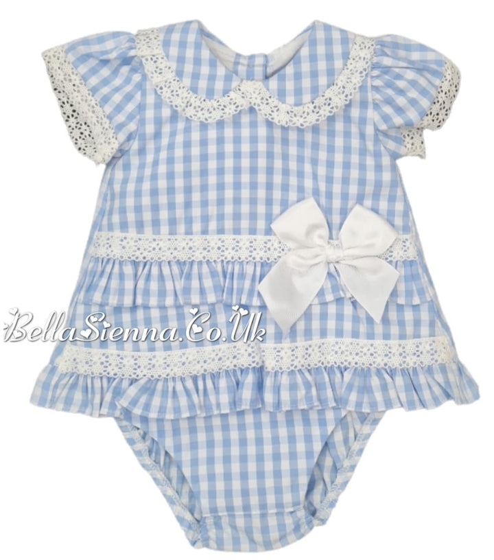 Pretty Originals Baby Girls White/Blue Check Dress-Pants-Headband MT00816
