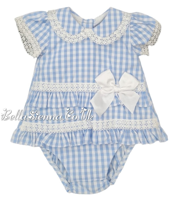 Pretty Originals Baby Girls White/Blue Check Dress-Pants-Headband MT00816