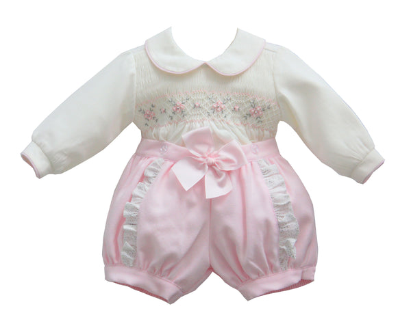 Smocked Pink & Cream Romper With Headband - MT00937