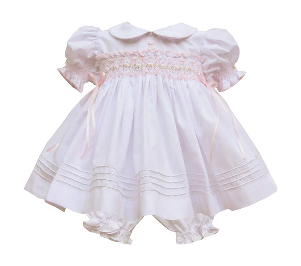 Pretty Originals White & Pink Smocked Dress, Bloomers & Headband Set - MT02183