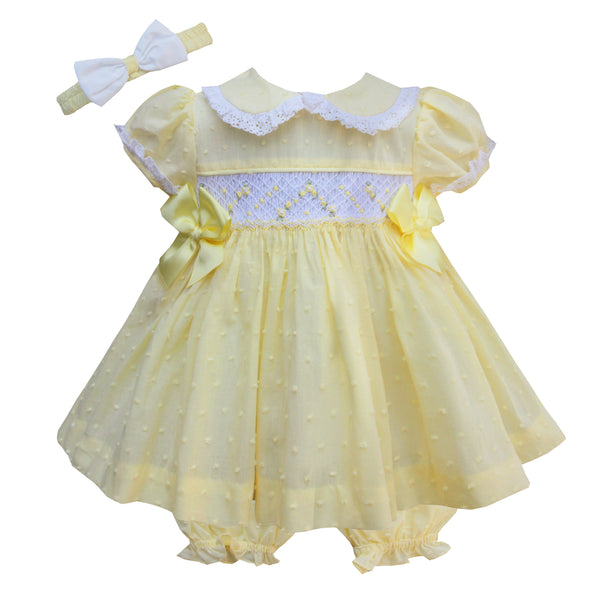 Pretty Originals Lemon & White Smocked Dress & Headband - MT02184