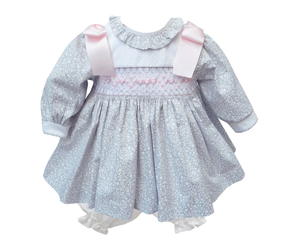 Pretty Originals Grey & Pink Smocked Dress, Bloomers & Headband - MT02237