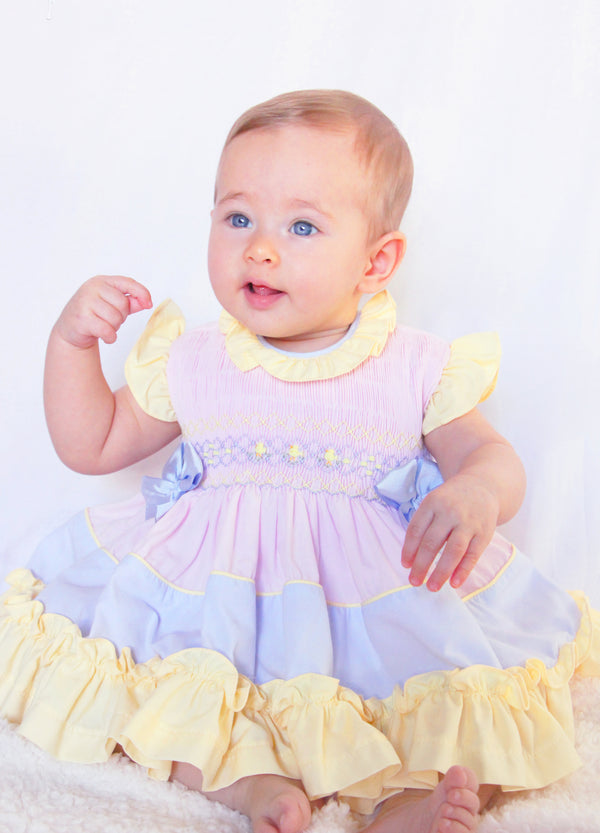 Pretty Originals Pastel Multicoloured, Hand Smocked Dress, Bloomers & Headband - MT02298