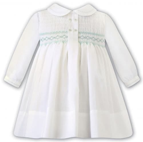 Sarah Louise Ivory And Mint Green Smocked Long Sleeved Dress 012481