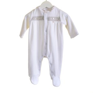 Unisex White Velour With Grey Smocking Detail Sleepsuit Babygrow - PP0303