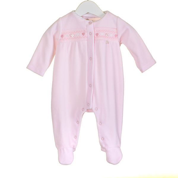 Pink Velour Smocked Detail Sleepsuit Babygrow - PP0345