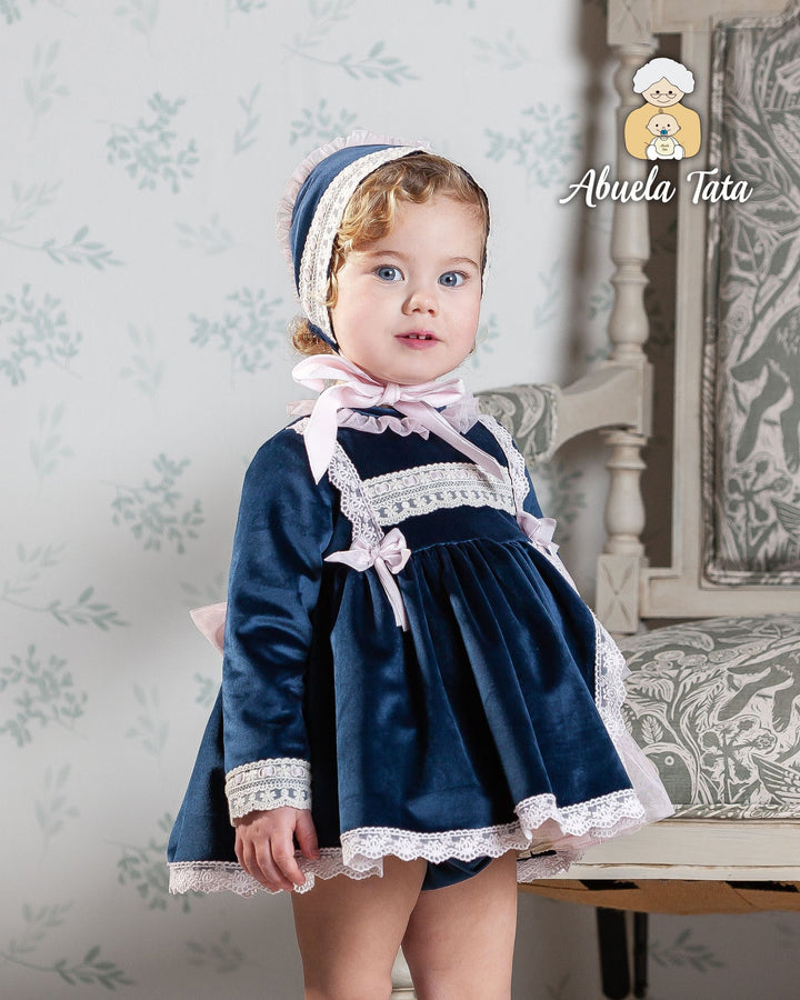 Abuela Tata Navy Blue Velvet Dress Pants & Bonnet Set With Pink Bows - 1203332