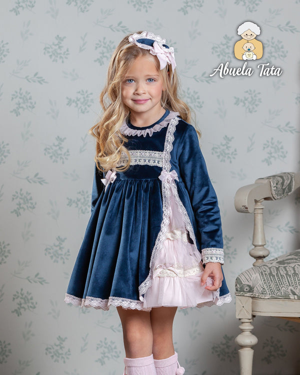 Abuela Tata Navy Blue Velvet Dress With Pink Bows - 2503332