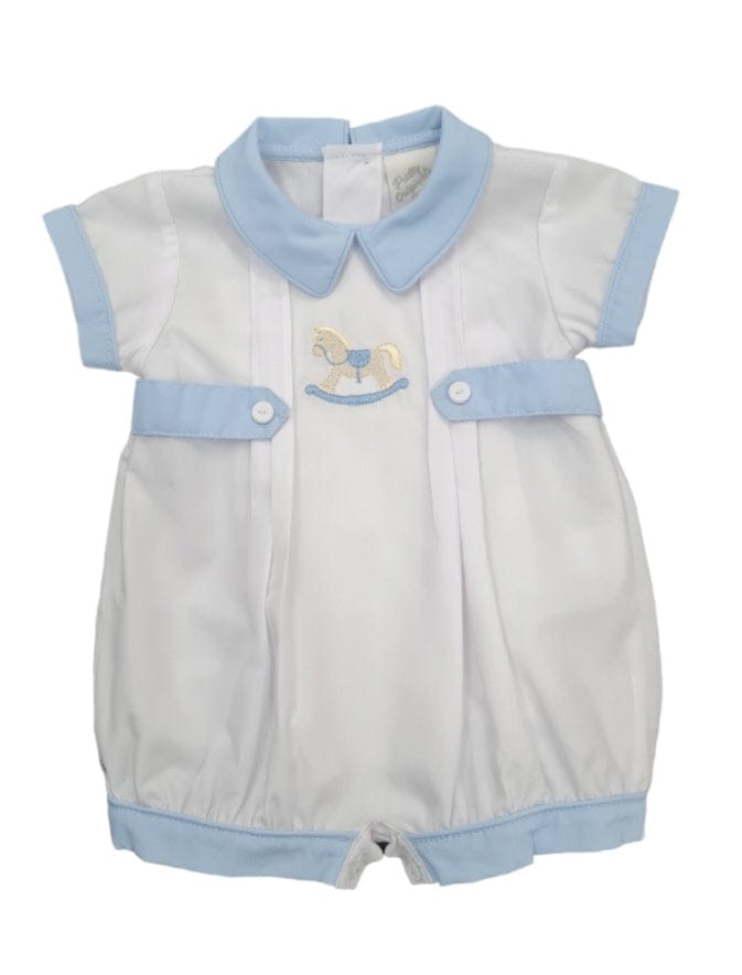 Pretty Originals Blue & White Embroidered Rocking Horse Romper - DL62165X