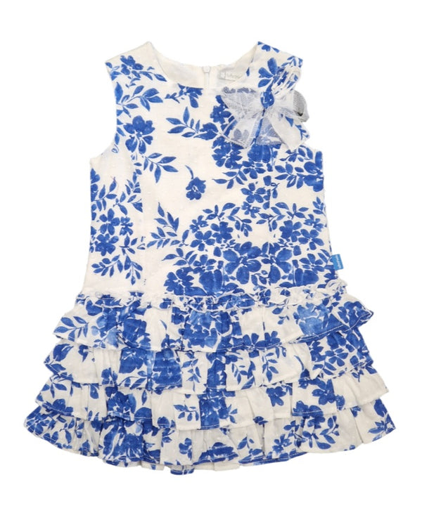 Tutto Piccolo Girls White And Blue Floral Ruffle Dress 4418