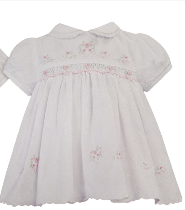 Sarah Louise Hand Smocked Dress - White & Pink - 012890