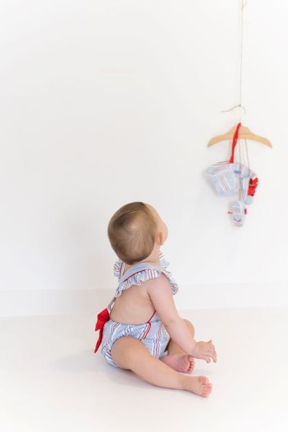 Tutto Piccolo Blue Striped Romper With Bow - 5722