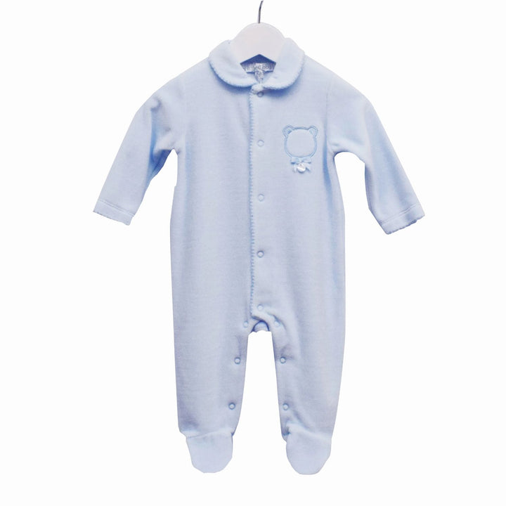 Blues Baby Blue Velour Sleepsuit With Bear Applique - TT0232