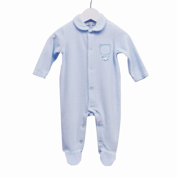 Blues Baby Blue Velour Sleepsuit With Bear Applique - TT0232
