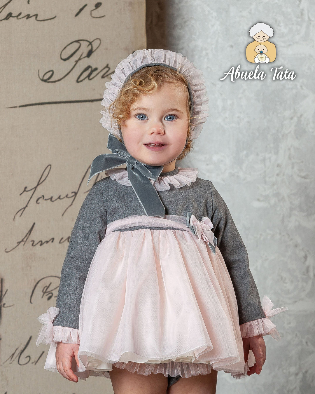 Abuela Tata Grey & Pink Dress Pants & Bonnet Set With Tulle & Bow On The Back - 1299326