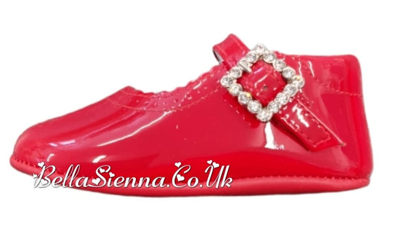 Pretty Originals Red Patent Leather Pram Shoes With Diamate Buckle - UE02191A