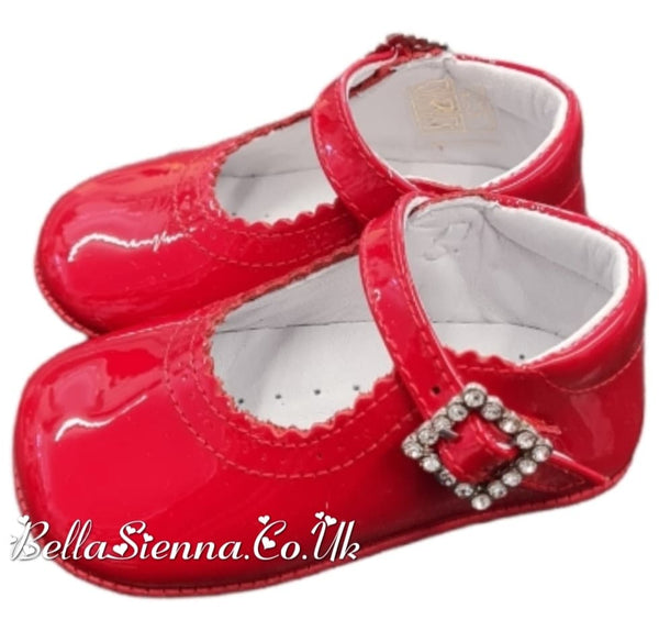 Pretty Originals Red Patent Leather Pram Shoes With Diamate Buckle - UE02191A