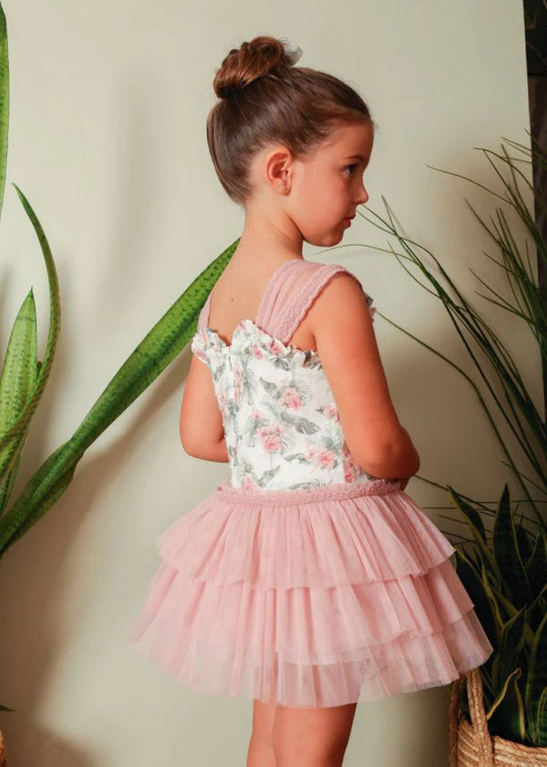 Basmarti Girls Ruffle Dress With Dusky Pink Tulle Bow - 22051