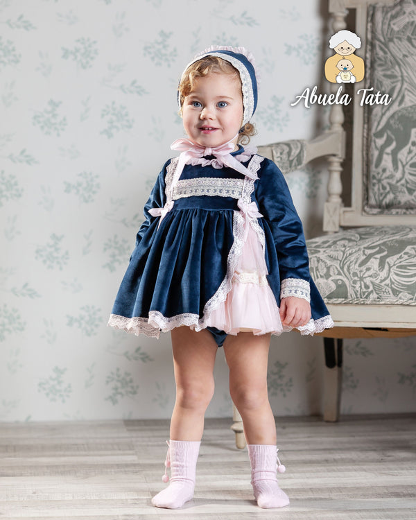 Abuela Tata Navy Blue Velvet Dress Pants & Bonnet Set With Pink Bows - 1203332