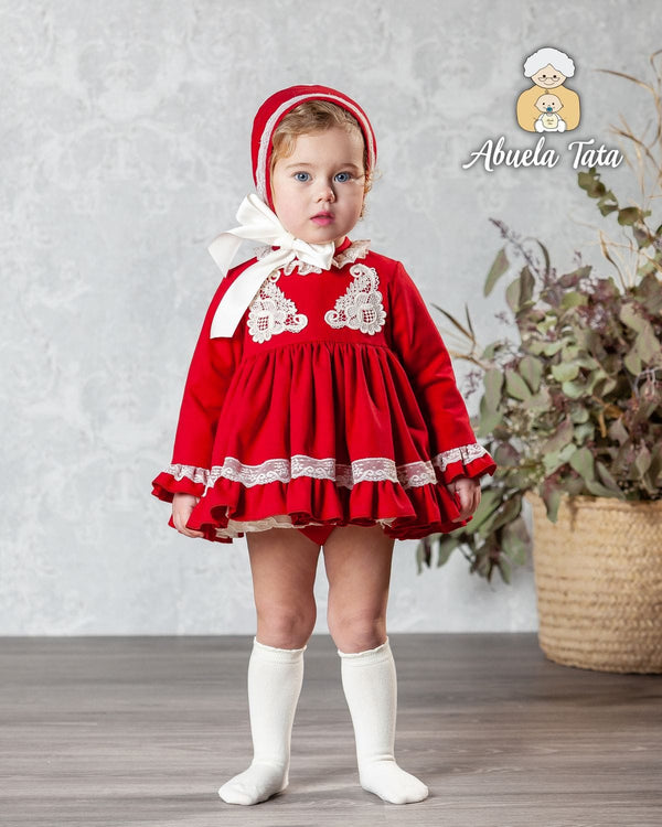 Abuela Tata Red & Cream Christmas Dress Pants & Bonnet Set - 1299331