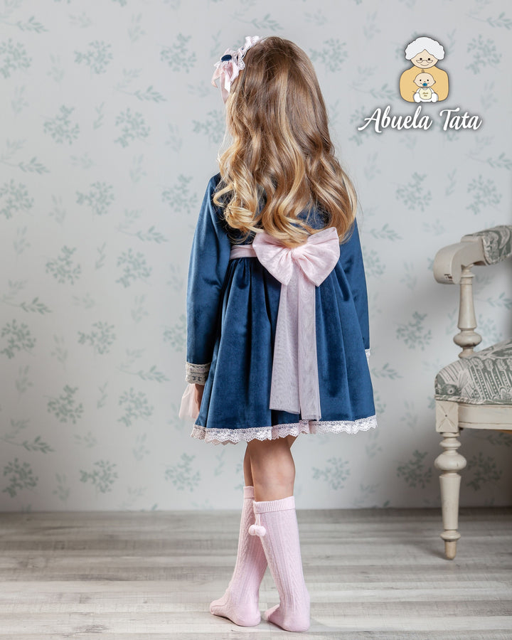 Abuela Tata Navy Blue Velvet Dress With Pink Bows - 2503332